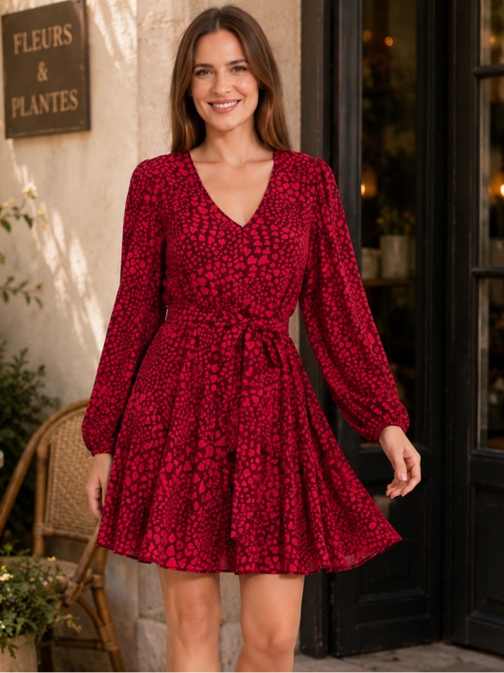 BOSS ‘Davaleno’ Hearts Print Tie Waist Mini Dress Red Long Sleeve Size US 10